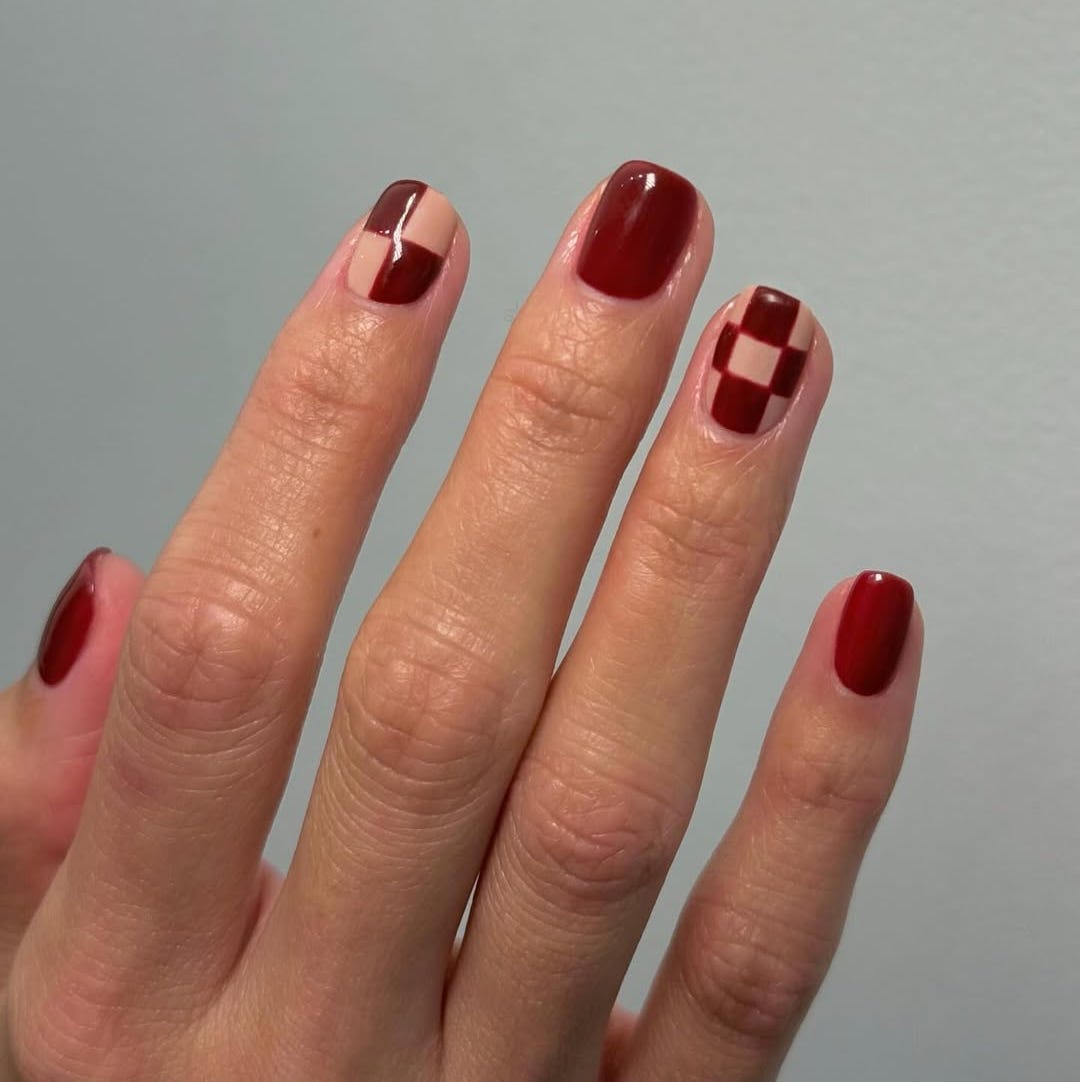 Medium Square Nails With Burgundy Checkerboard — Burgundy Nails Art