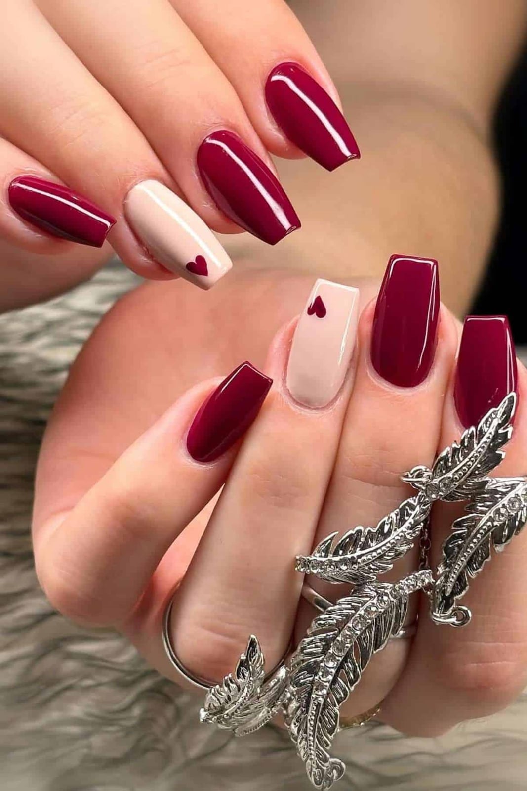 Long Coffin Nails With Burgundy Heart Accents — Burgundy Nails Art
