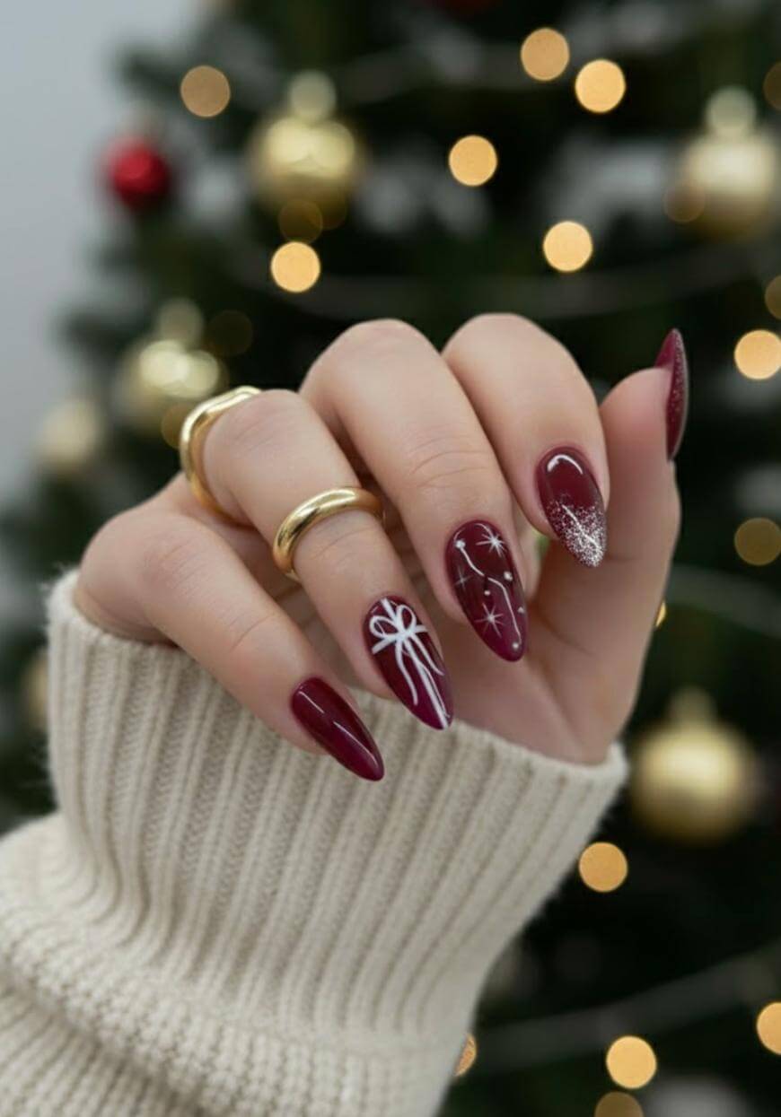 Burgundy Nails With White Bow And Silver Glitter — Burgundy Nails Art