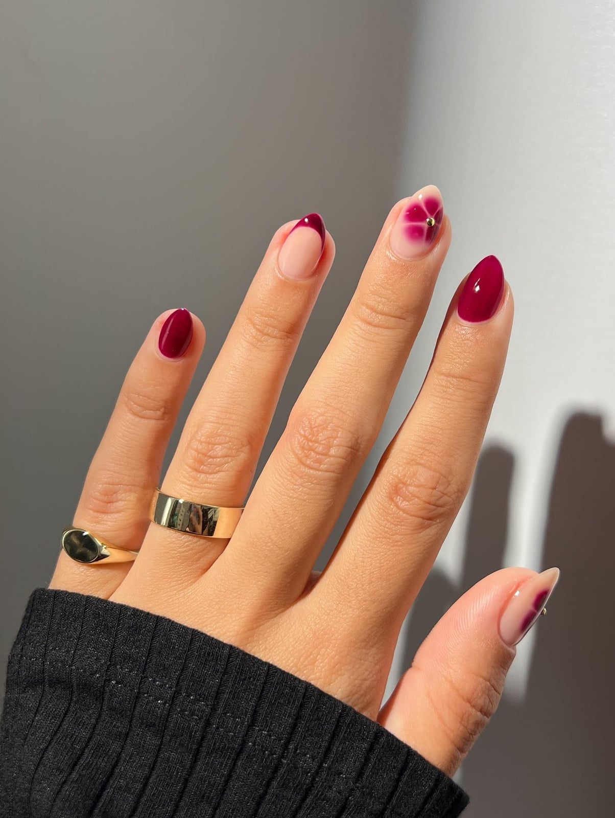 Medium Almond Nails With Gradient Abstract French Tip — Burgundy Nails Art