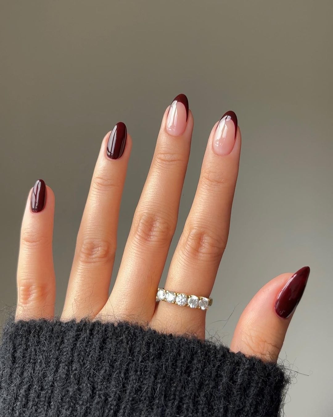 Medium Almond Nails With Thick Burgundy French Tips, Glossy — Burgundy Nails Art