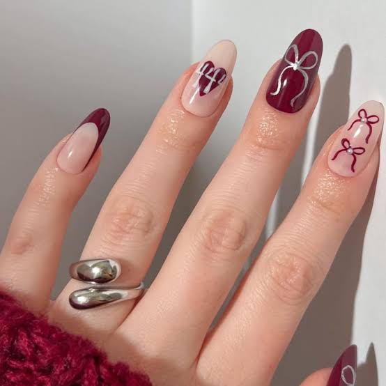 Medium Almond Nails With Pink Base Burgundy Bows — Burgundy Nails Art