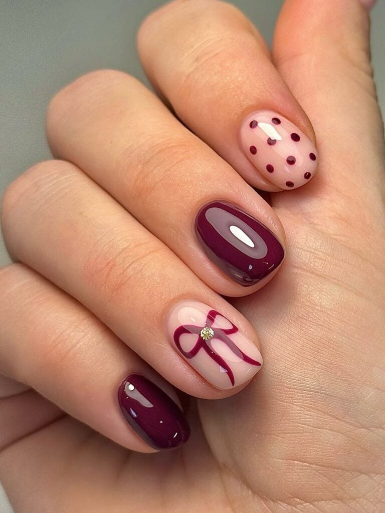 Short Oval Nails With Burgundy Polka Dots Bow — Burgundy Nails Art