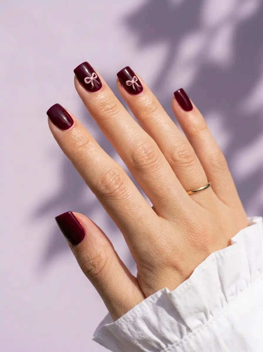 Short Square Nails With Pink Bow Detail — Burgundy Nails Art