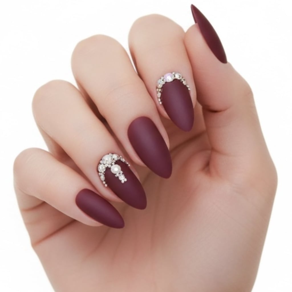 Medium Almond Nails Matte Burgundy With Rhinestones — Burgundy Nails Art