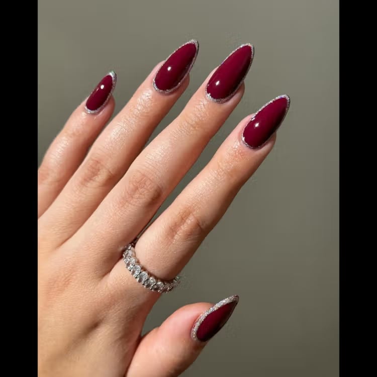 Long Almond Nails With Silver Outline — Burgundy Nails Art
