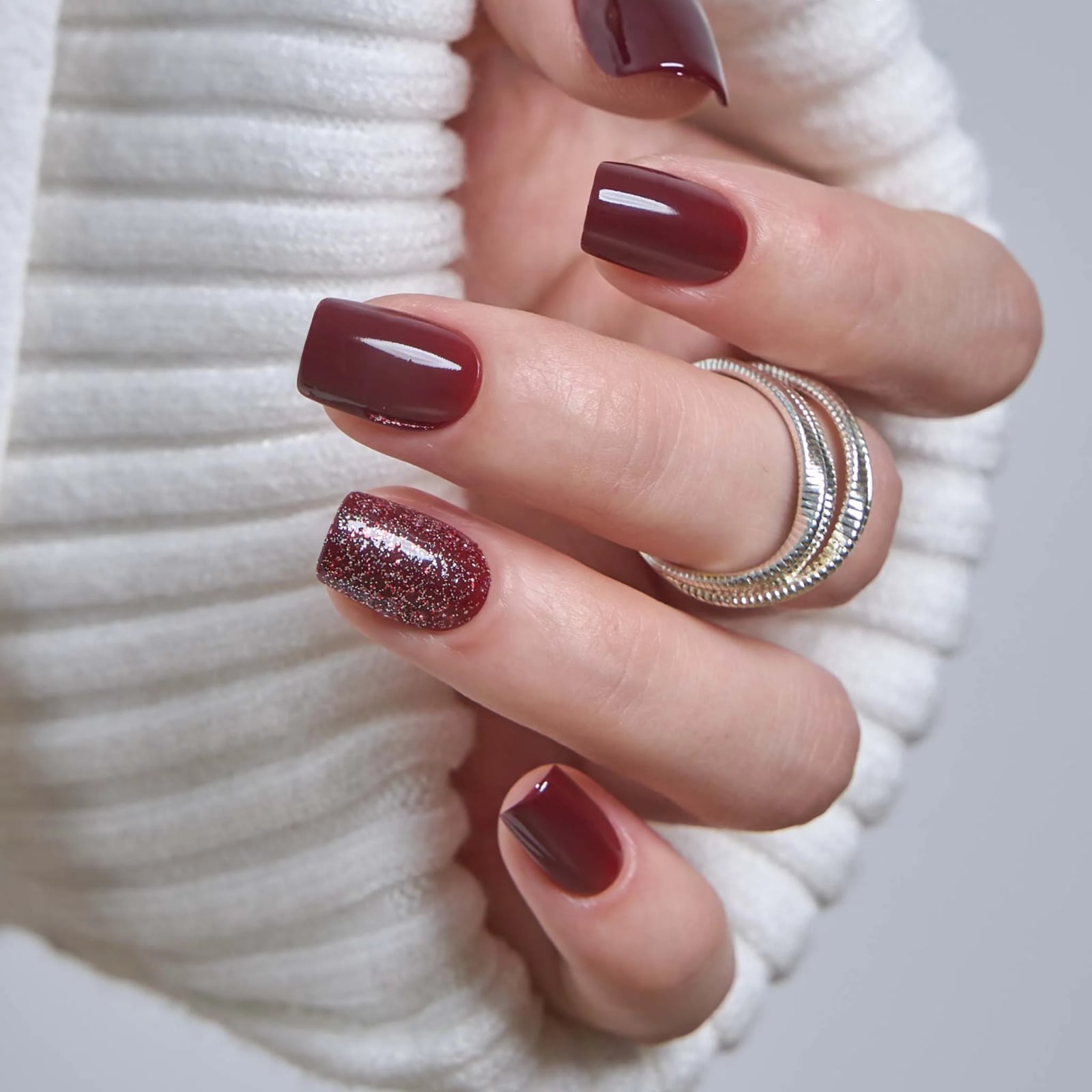 Short Square Nails With Burgundy Glitter Accent — Burgundy Nails Art