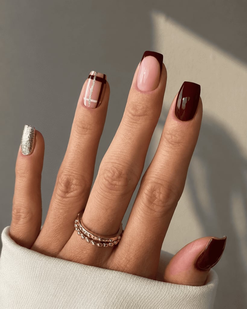 Short Square Nails With Plaid Glitter And French Tips — Burgundy Nails Art