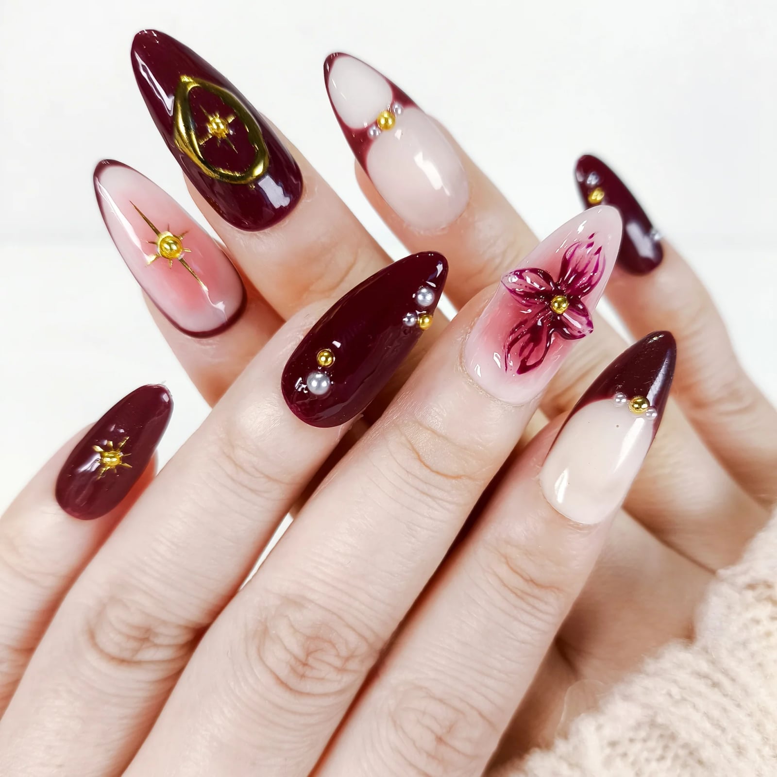 Long Stiletto Nails With Burgundy Gradient Chrome Flower — Burgundy Nails Art