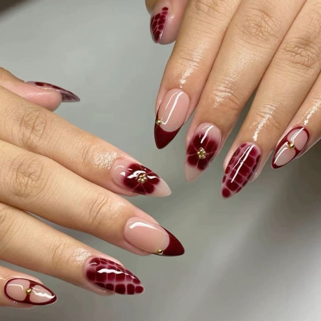 Long Almond Nails With Burgundy French Tips 3D Flowers — Burgundy Nails Art