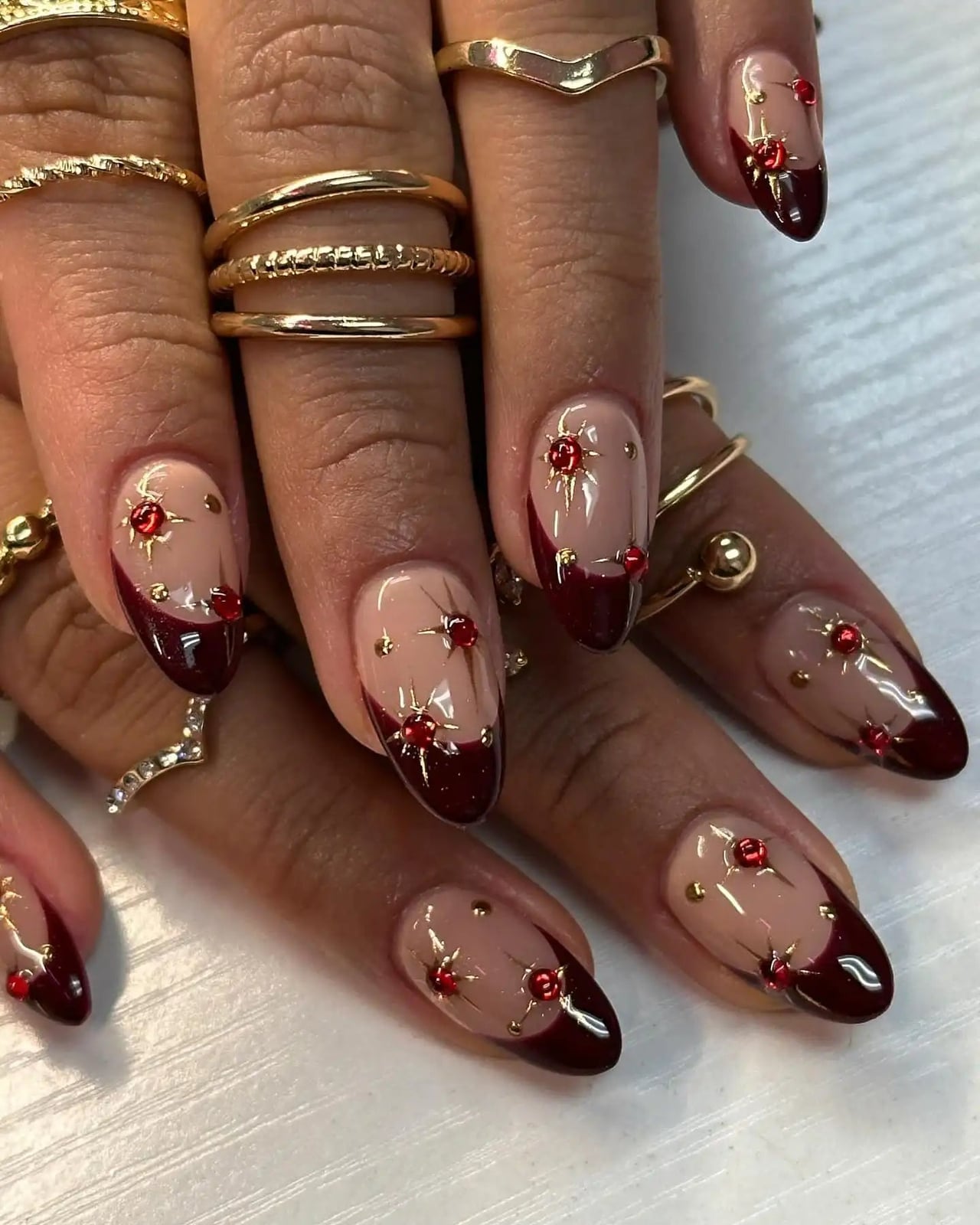 Medium Almond Nails Burgundy French Tips With Rhinestones — Burgundy Nails Art