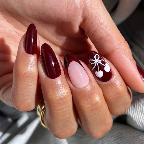 Medium Almond Nails With Burgundy Cherry Art — Burgundy Nails Art