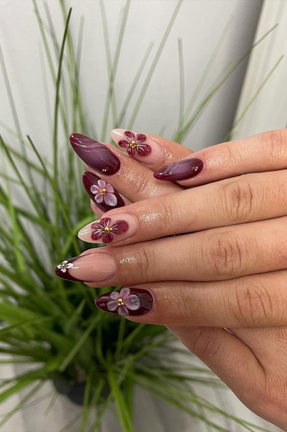 Medium Almond Nails With Burgundy 3D Flowers Swirls — Burgundy Nails Art