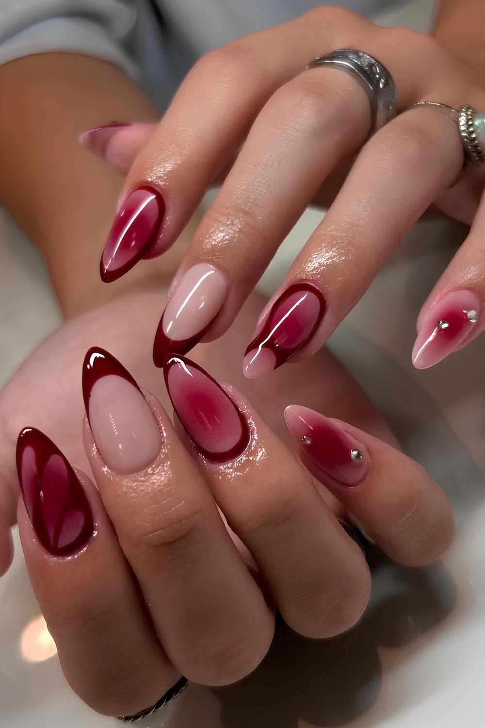 Long Stiletto Nails With 3D Flowers And Gold Dots — Burgundy Nails Art