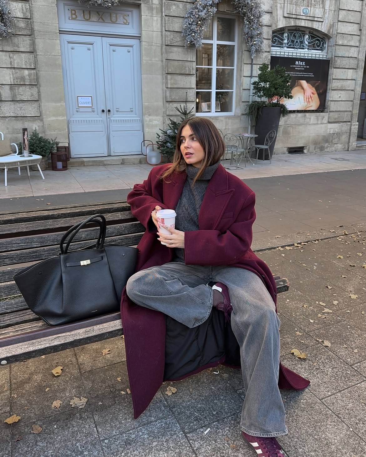 Burgundy Oversized Wool Coat And Grey Denim