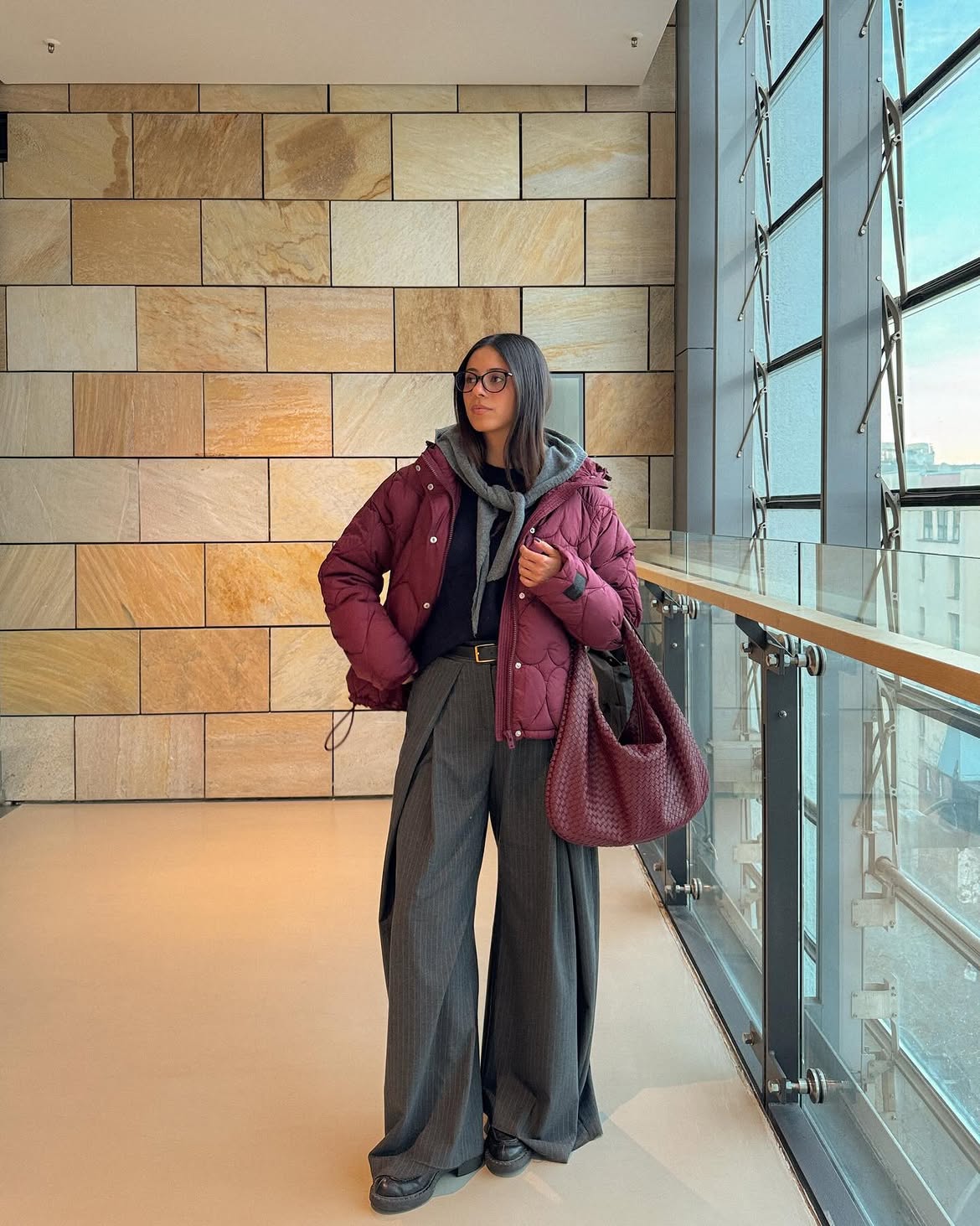 Burgundy Puffer Jacket With Grey Pinstripe Trousers