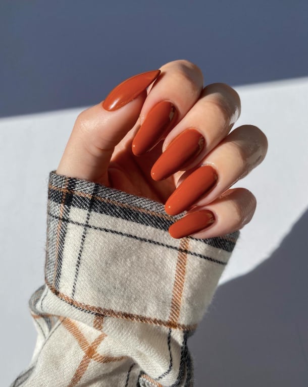 Deep Glossy Burnt Orange Long Almond Deep Glossy Burnt Orange Long Almond — Burnt Orange Nails