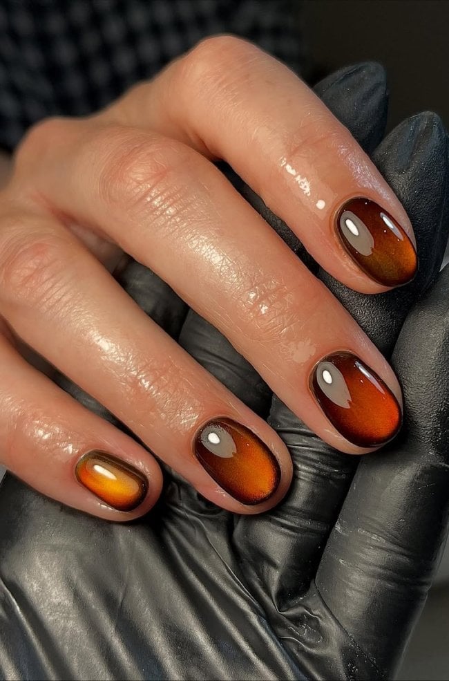 Amber Orange Brown Cat Eye Oval Nails Amber Orange Brown Cat Eye Oval Nails — Burnt Orange Nails