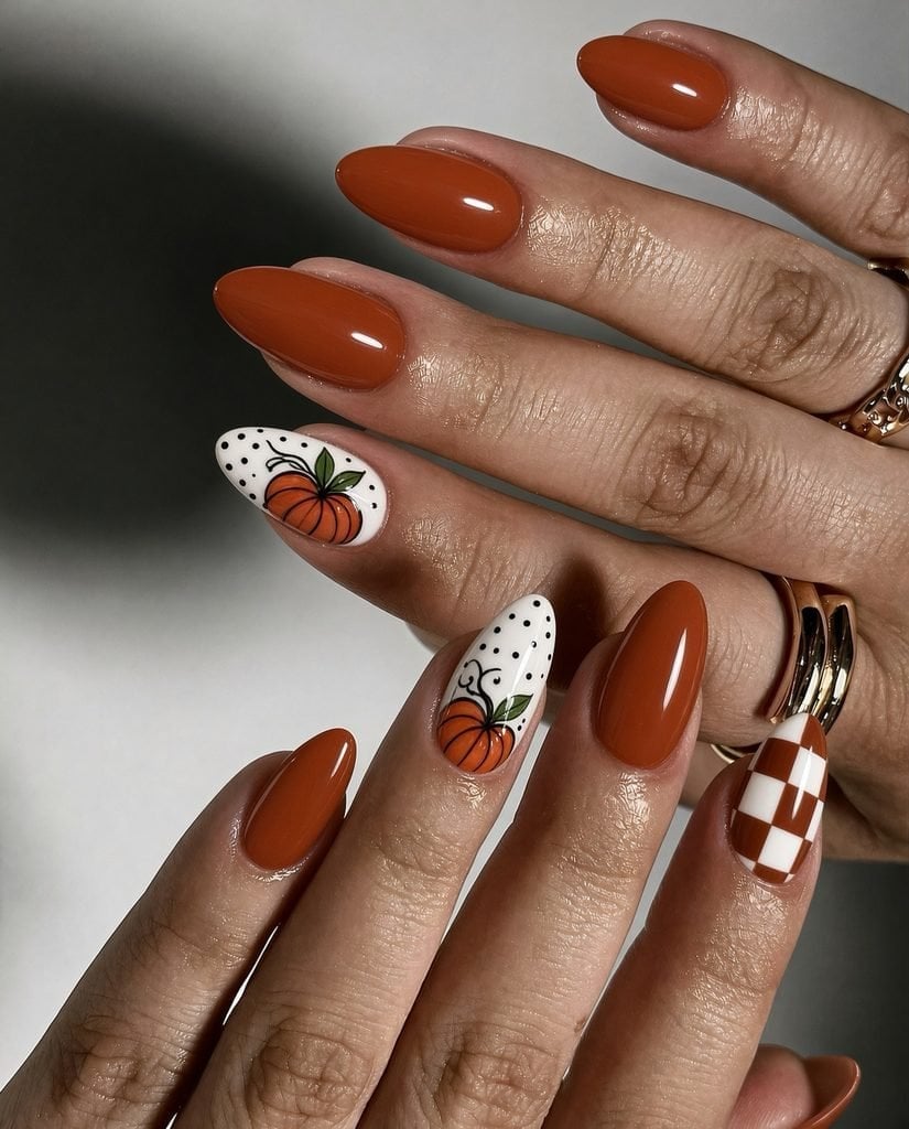 Pumpkin Art and Checkered Burnt Orange Nails Pumpkin Art and Checkered Burnt Orange Nails