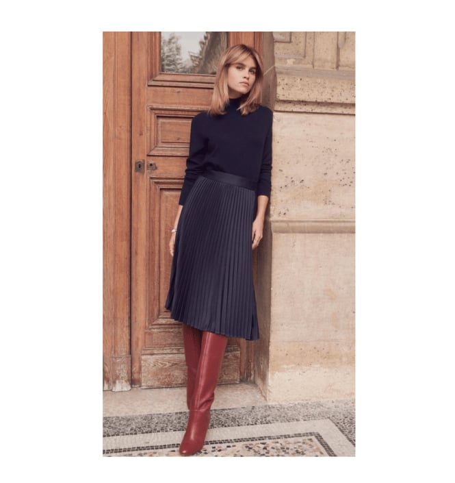 Navy Turtleneck Pleated Midi Skirt Red Boots — Business Outfits