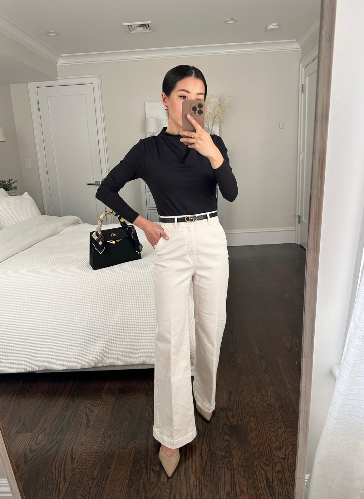 Black Mock Neck Top Cream Wide Leg Trousers — Business Outfits