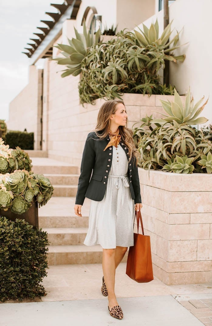 Gray T-shirt Dress Navy Blazer Leopard Flats — Business Outfits