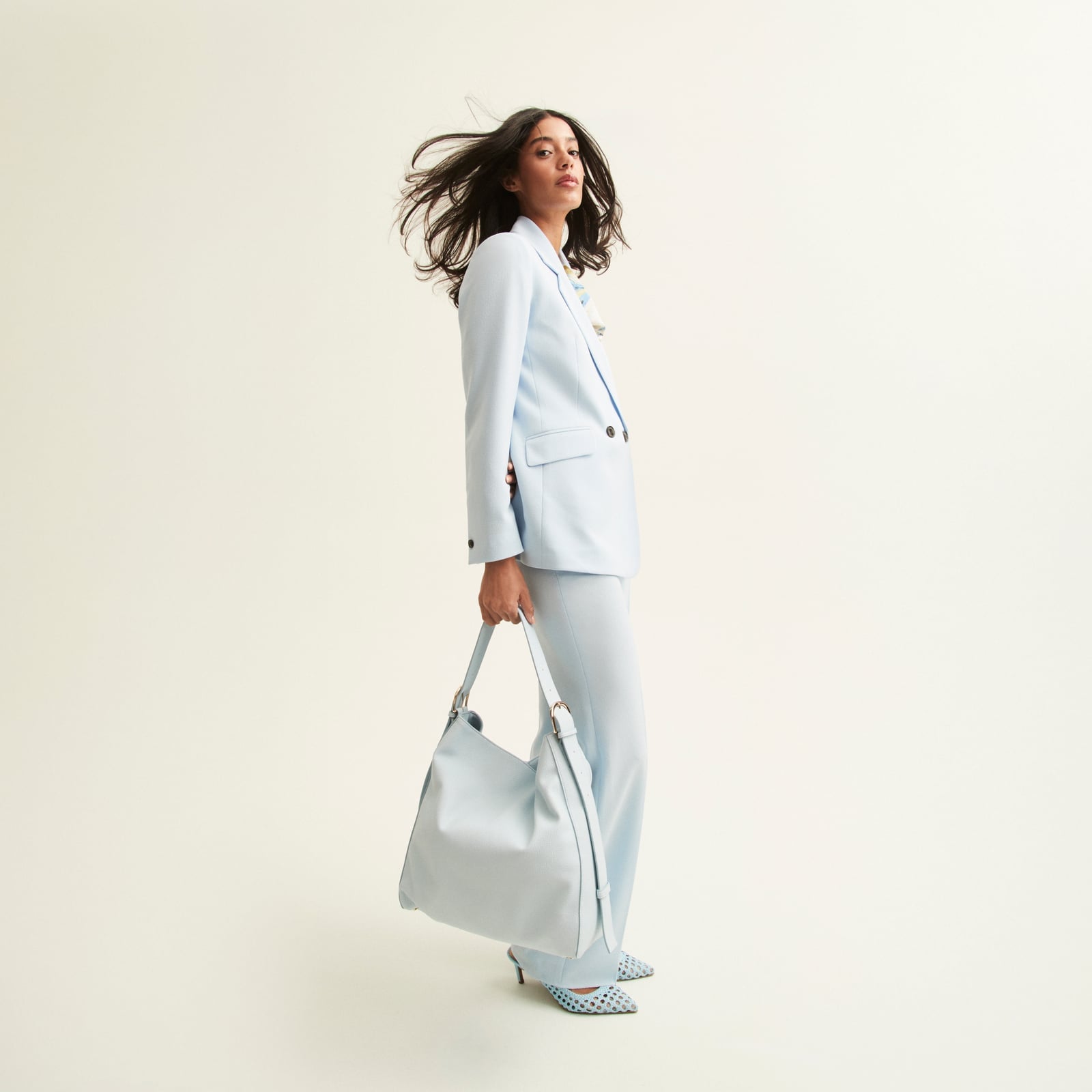 Light Blue Relaxed Fit Suit with Patterned Heels — Business Outfits