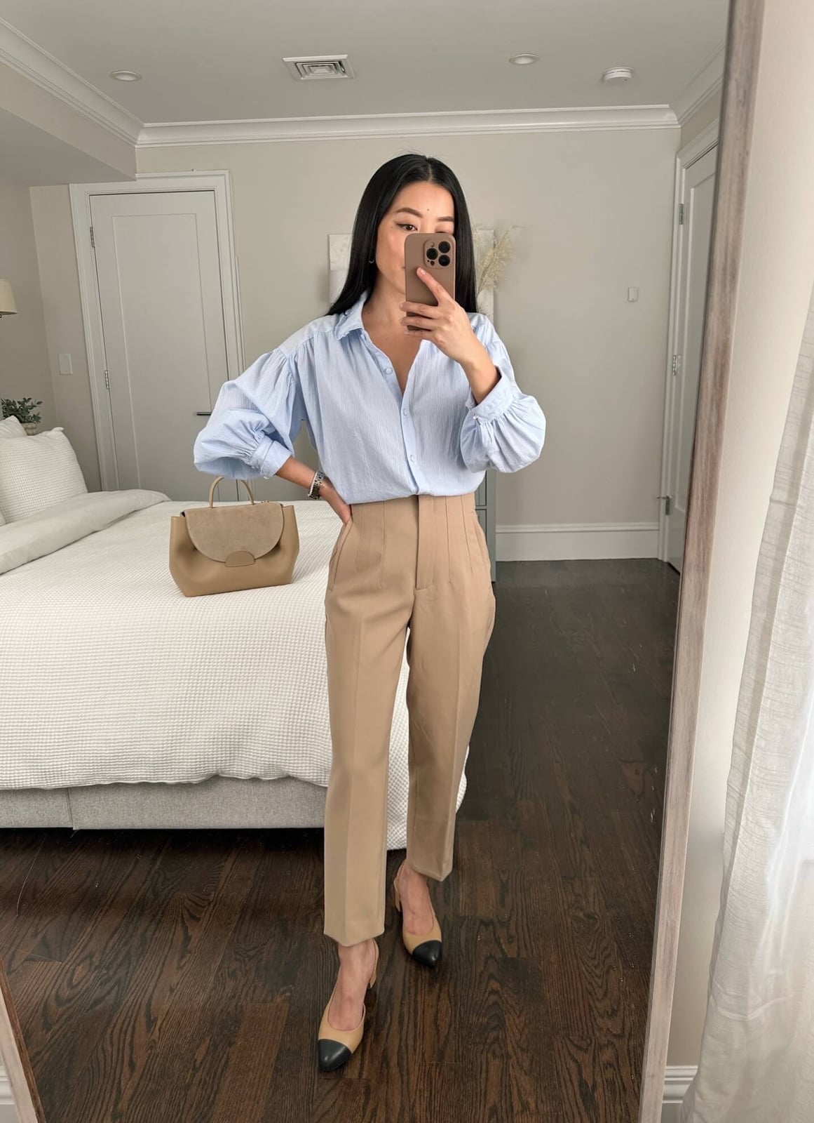 Beige Trousers Light Blue Puff Sleeve Shirt — Business Outfits