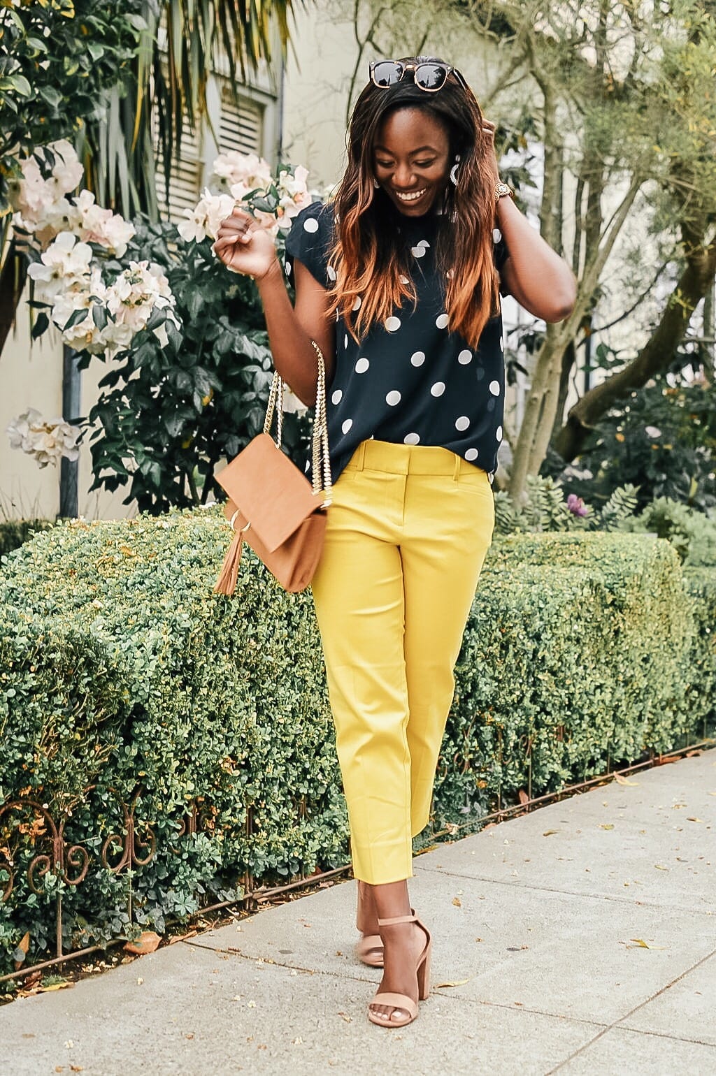 Yellow Cropped Trousers Polka Dot Blouse Business Casual — Business Outfits