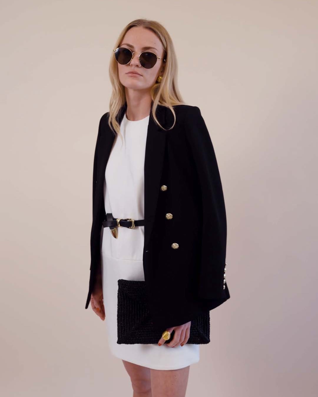 White Dress Black Blazer Gold Button Detail — Business Outfits
