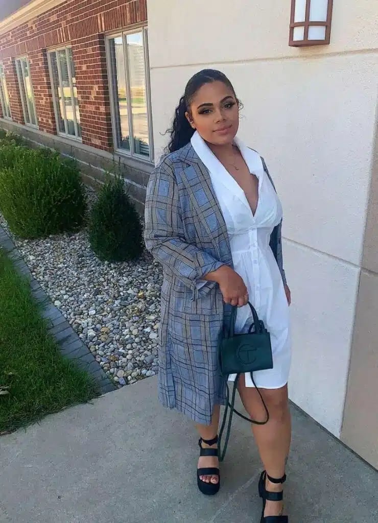 Gray Plaid Duster Coat White Shirt Dress — Business Outfits