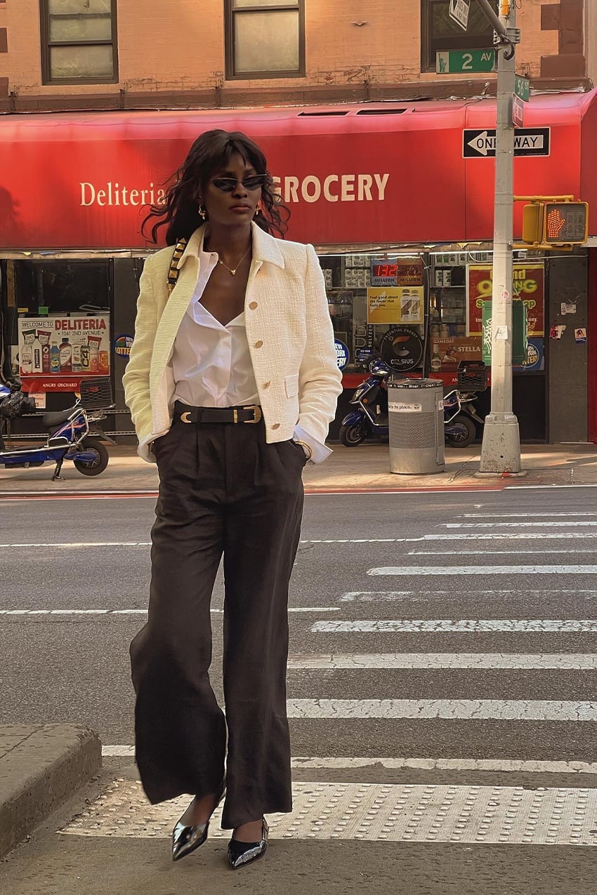 Textured Ivory Cropped Jacket Business Ensemble — Business Outfits