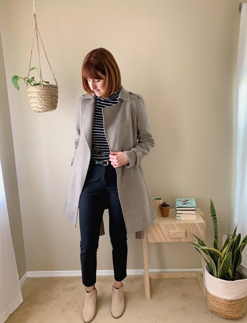 Gray Trench Coat Striped Turtleneck Black Trousers — Business Outfits