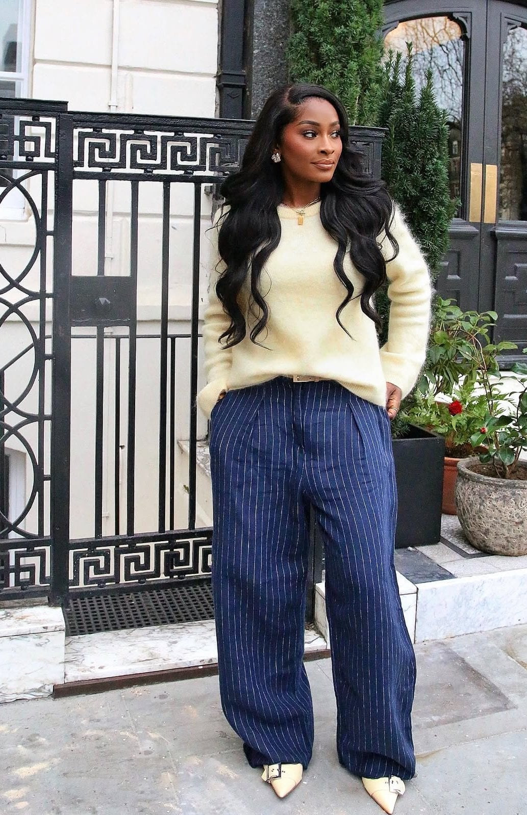 Cream Sweater Navy Pinstripe Wide Leg Trousers With Pointed Toe Heels — Business Outfits