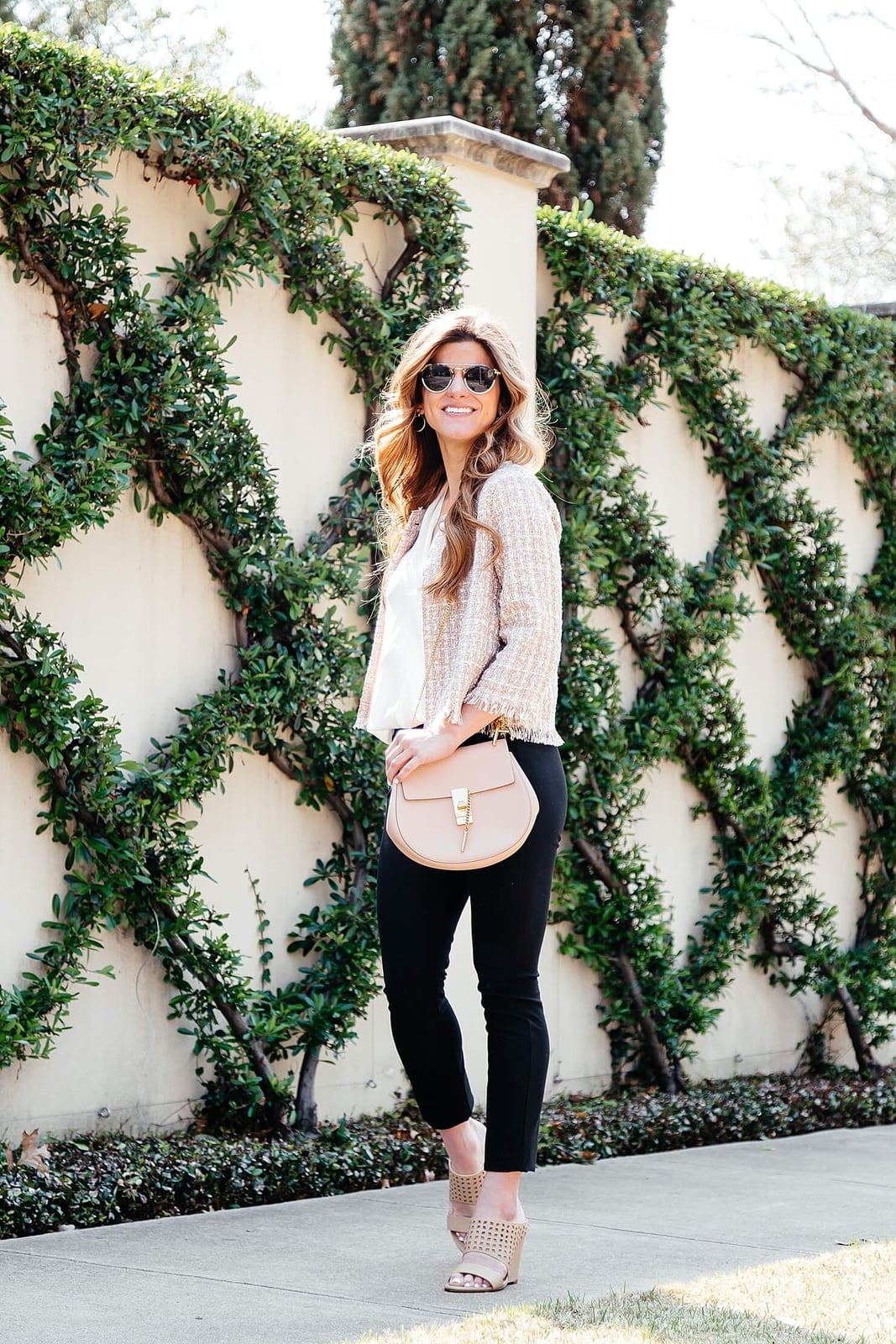 Pink Tweed Blazer White Blouse Black Trousers — Business Outfits