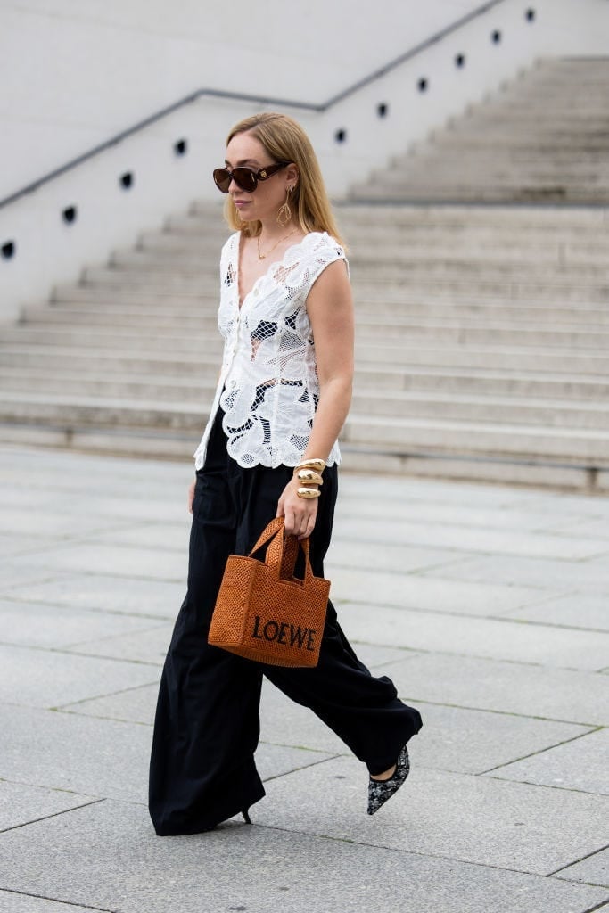 Black Wide Leg Trousers White Lace Top — Business Outfits