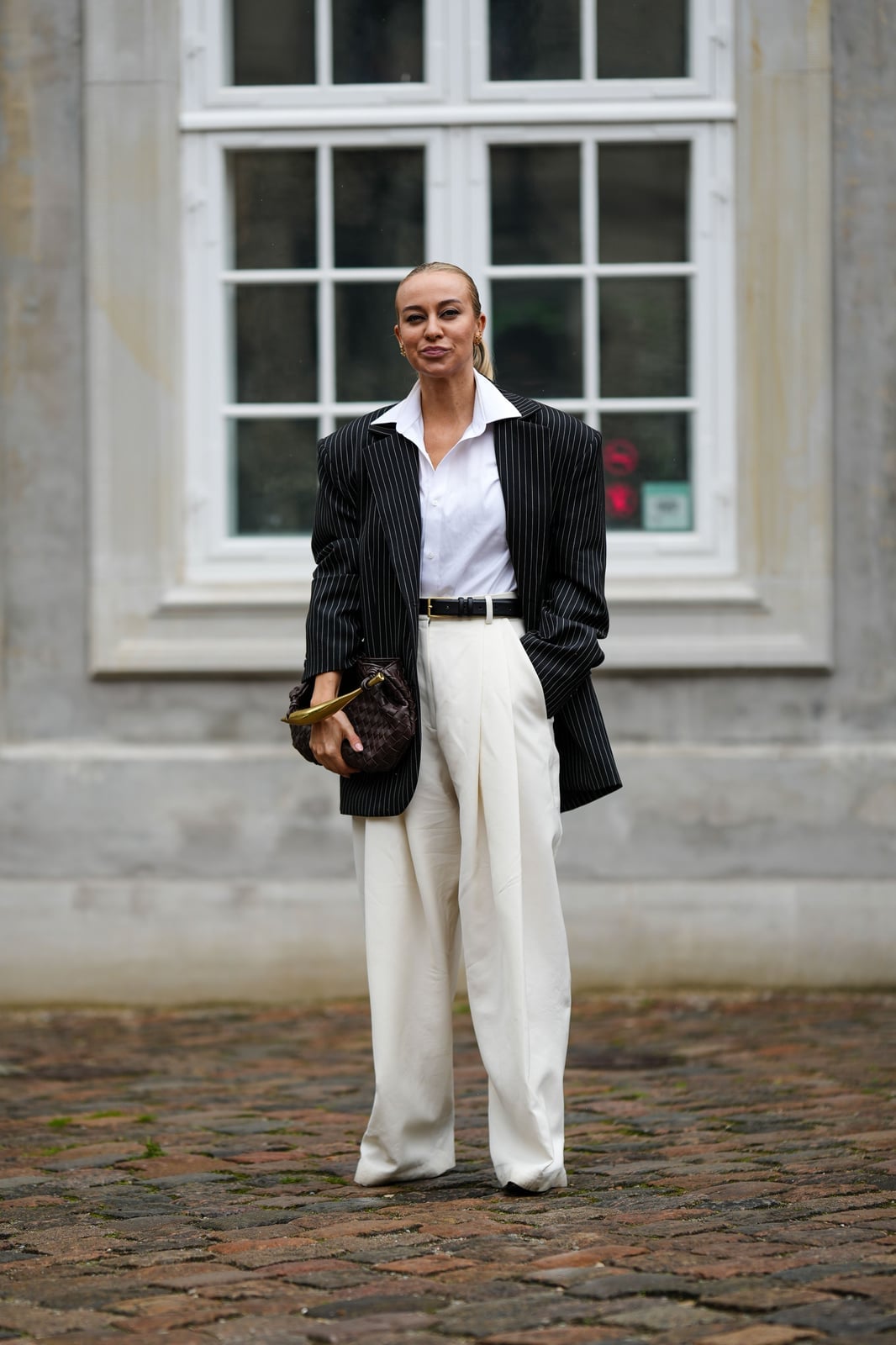 Pinstripe Blazer Cream Wide Leg Linen Trousers — Business Outfits