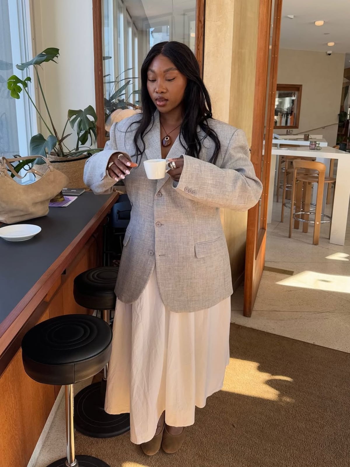 Gray Blazer Over Flowing Dress Business Casual — Business Outfits