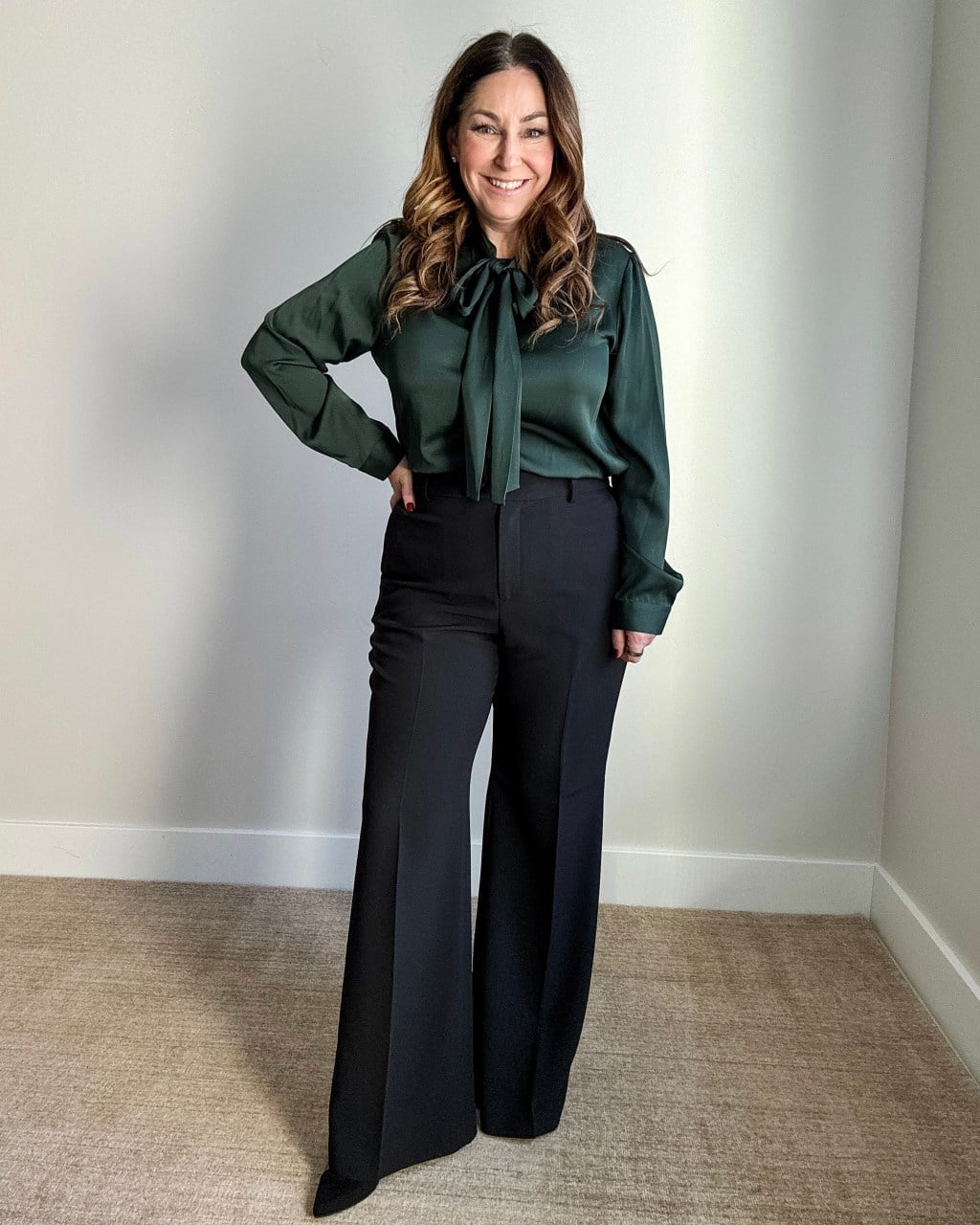 Dark Green Satin Blouse with Black Wide Leg Trousers — Business Outfits
