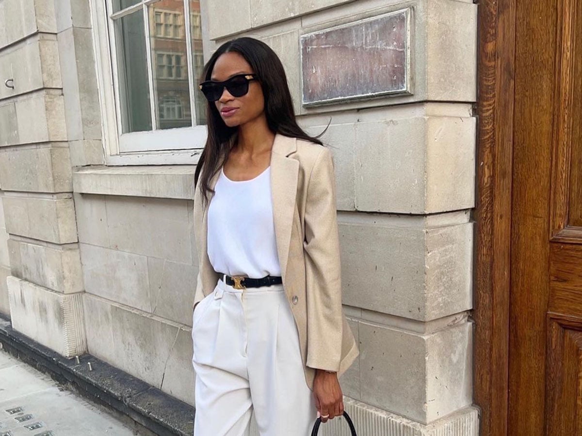Beige Blazer White T-shirt Black Straight Leg Trousers — Business Outfits