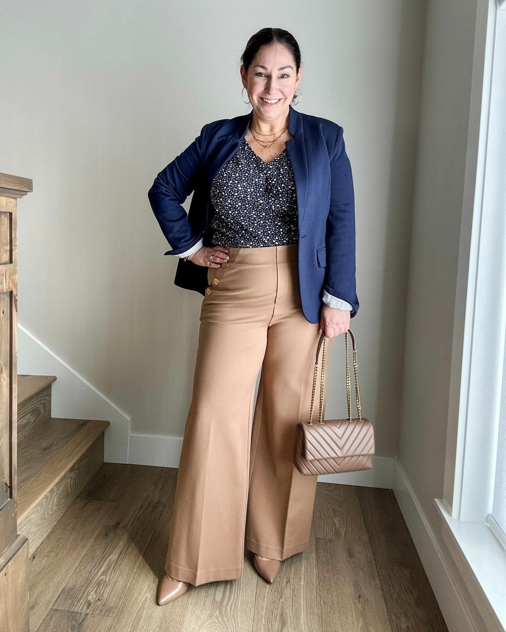 Navy Blazer Camel Trousers Printed Blouse — Business Outfits