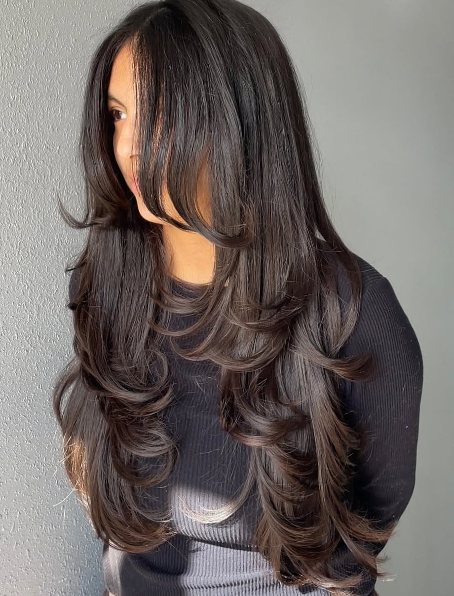 Dark Brown Butterfly Cut With Side Part And Feathered Layers, Mid-Back Dark Brown Butterfly Cut With Side Part And Feathered Layers, Mid-Back — Butterfly Haircut