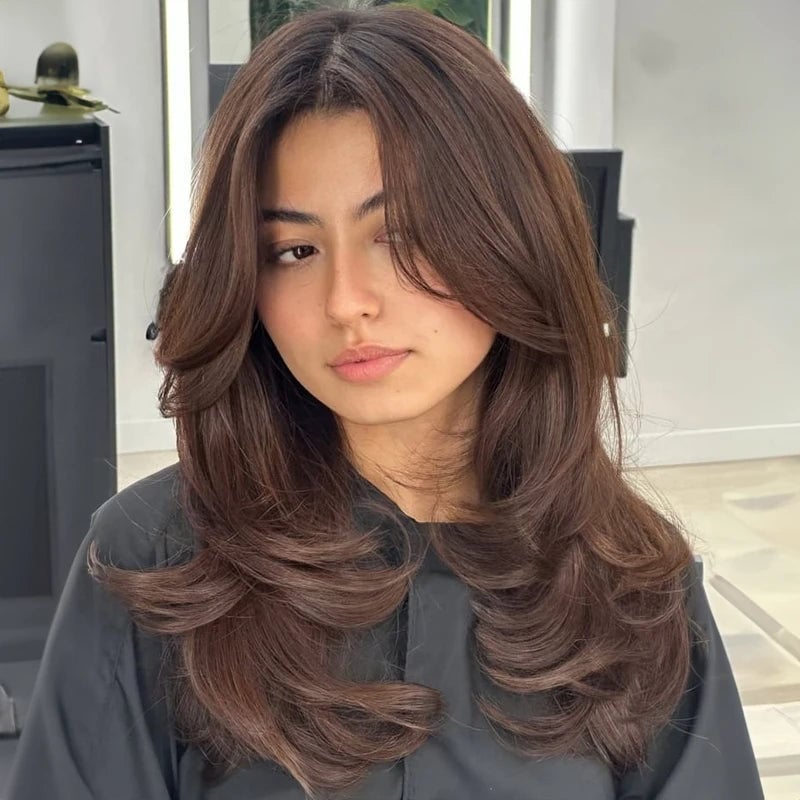 Dark Brown Butterfly With Sweeping Layers And Volume Dark Brown Butterfly With Sweeping Layers And Volume — Butterfly Haircut