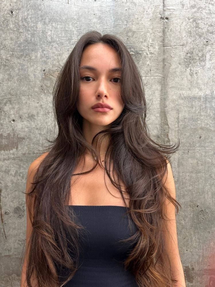 Dark Brown Butterfly Cut With Voluminous Face-Framing Layers, Wavy Dark Brown Butterfly Cut With Voluminous Face-Framing Layers, Wavy — Butterfly Haircut