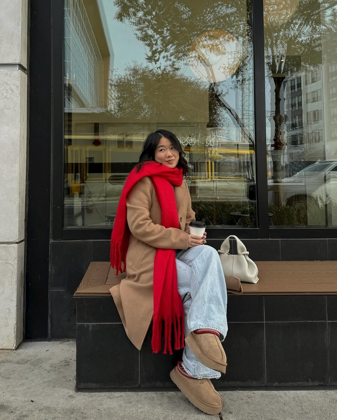 Camel Coat And Bright Red Scarf Winter Look