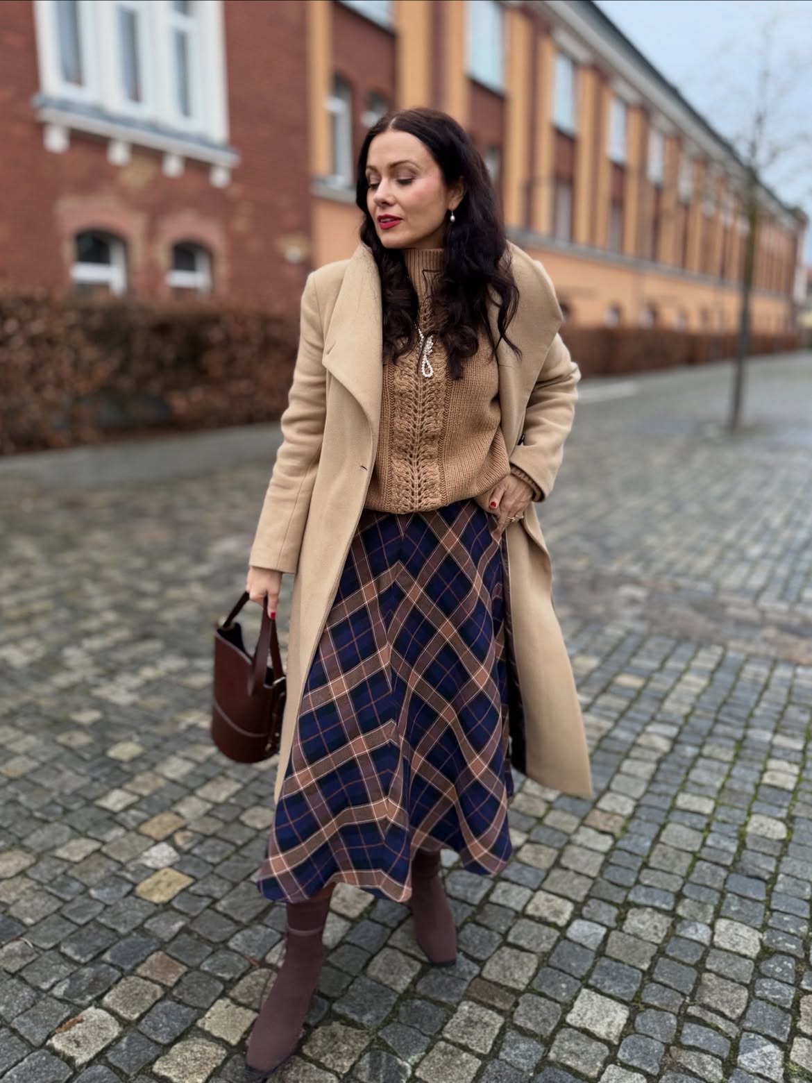 Camel Coat And Plaid Midi Skirt Winter Look
