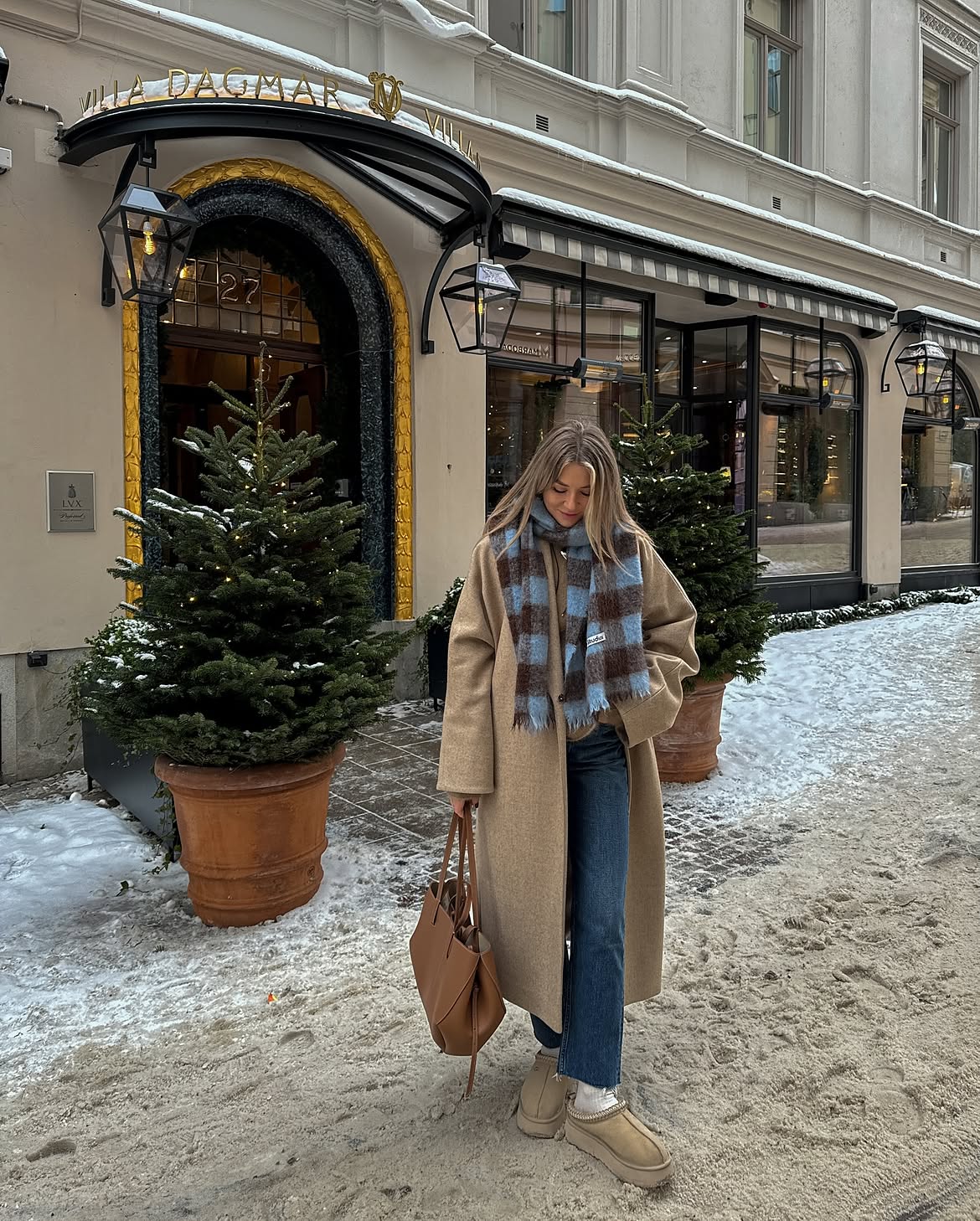 Camel Coat And Plaid Scarf Winter Street Style