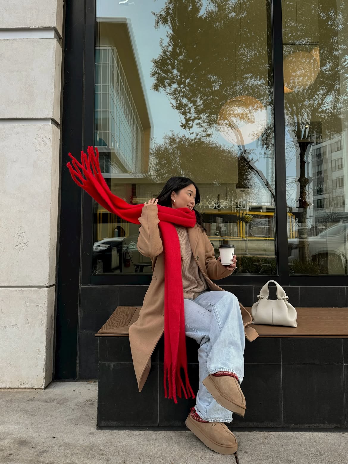 Camel Coat And Red Scarf Winter Street Style