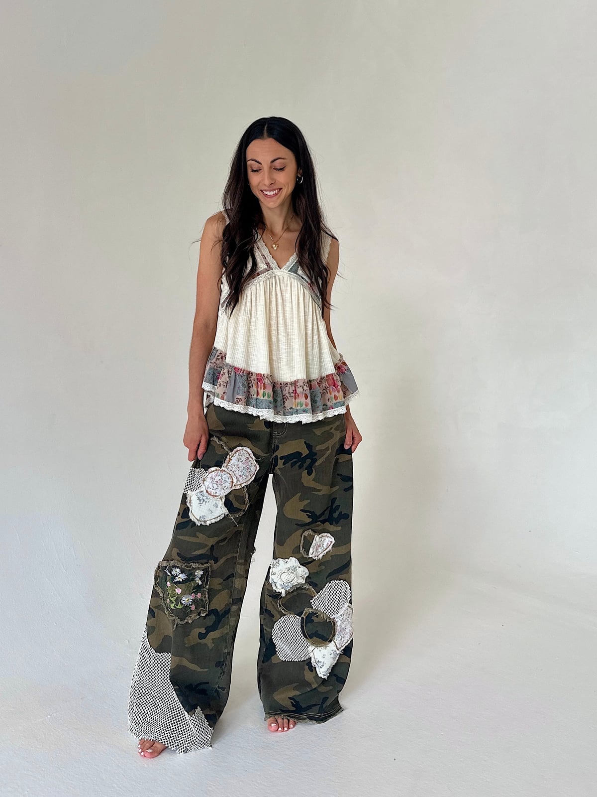 Patchwork Camo Trousers With Peplum Top Patchwork Camo Trousers With Peplum Top — Camo Outfits