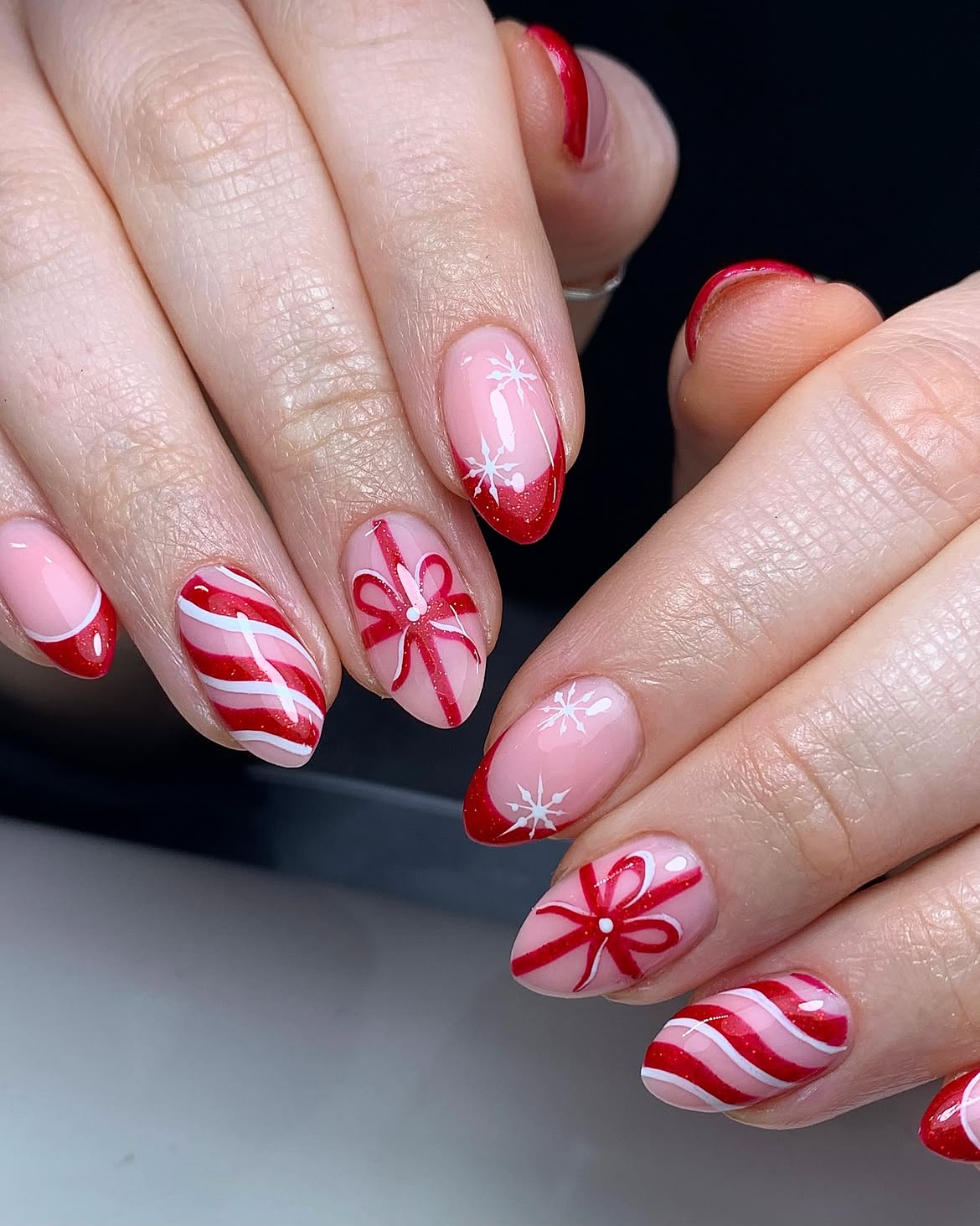 Candy Cane Bow French Tip Christmas Nails